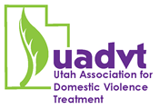 UADVT logo. Green outline of Utah with a leaf inside with the words UADVT Utah Association for Domestic Violence Treatment.